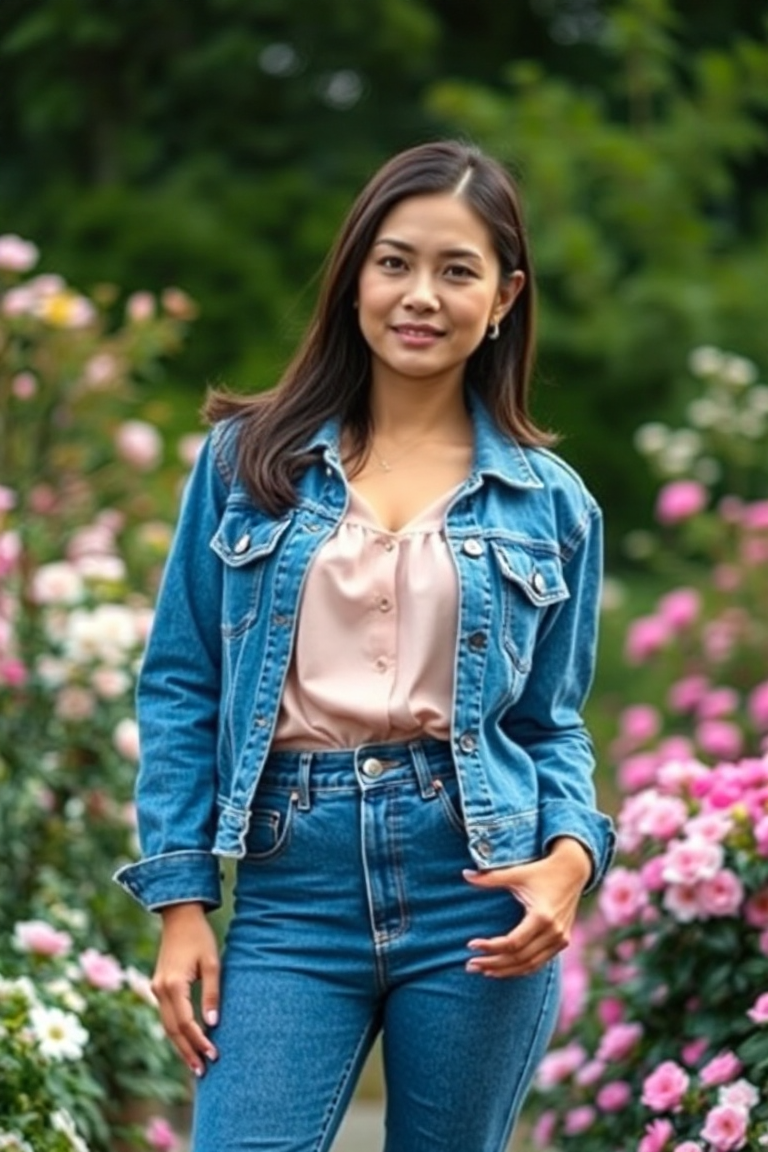 A woman in a denim jacket over a pastel-coloured blouse and high-waisted jeans, standing in a blooming garden