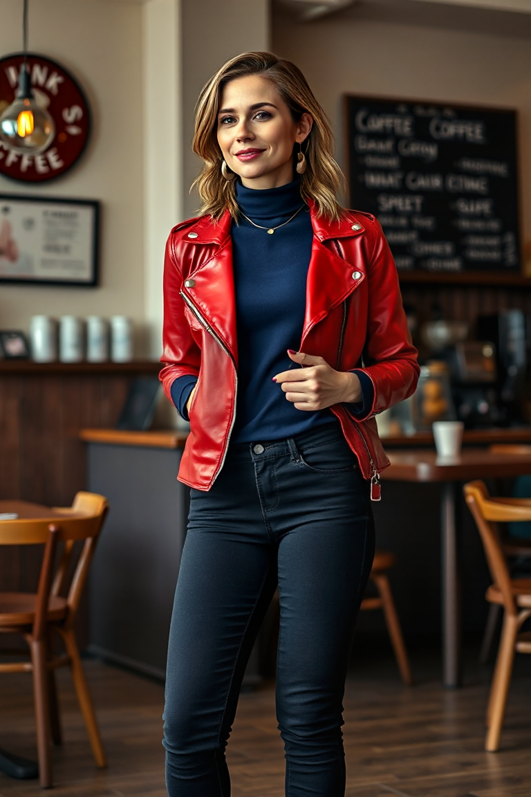 A woman in a navy blue turtleneck paired with a vibrant red leather jacket, wearing black skinny jeans and ank