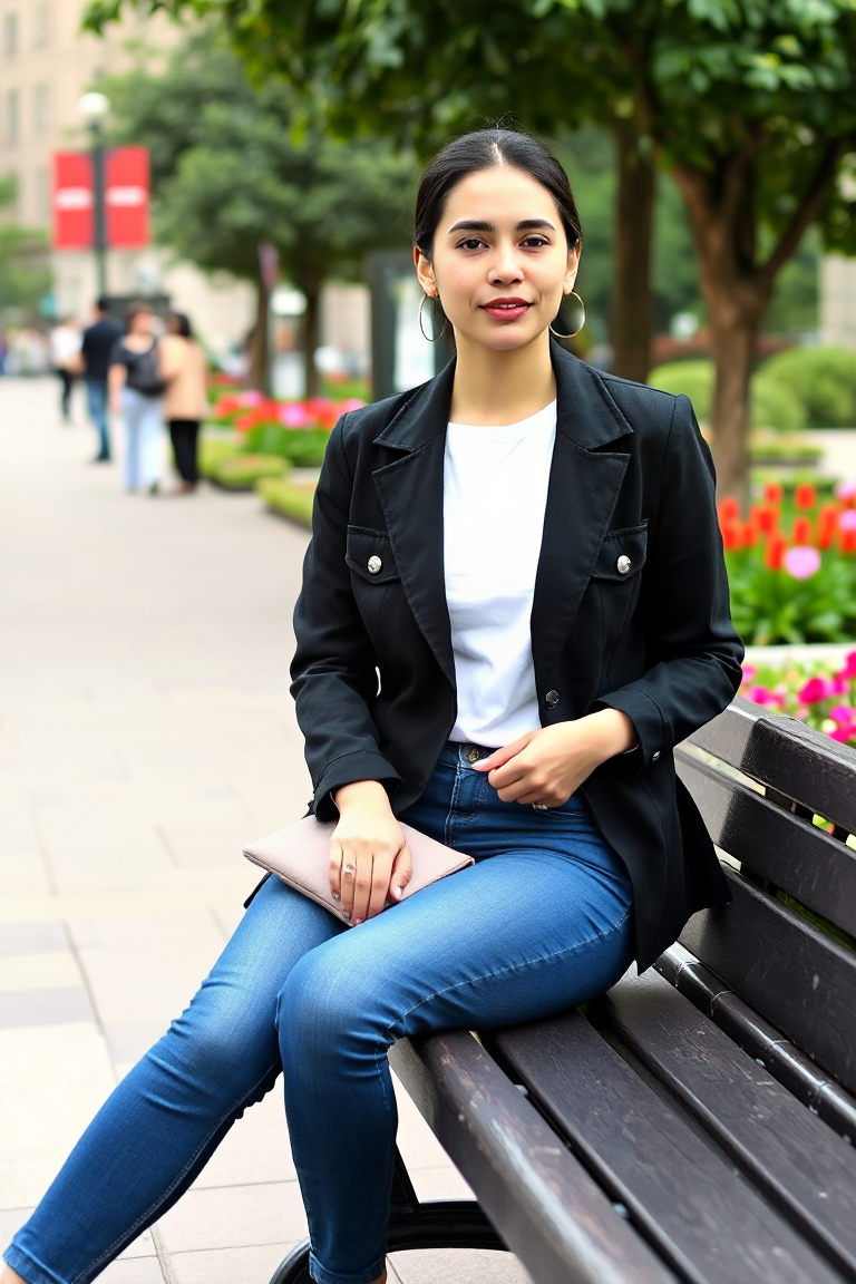 A woman in a black denim blazer paired with blue jeans and a white t-shirt, accessorised with hoop earrings an