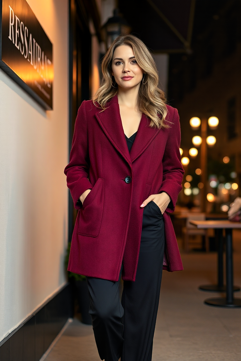 A woman wearing a burgundy wool coat over a sleek black jumpsuit, standing confidently outside a trendy restau