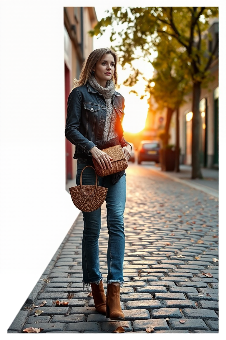 A woman walking along a cobblestone street in autumn, wearing a dark denim jacket over a chunky knit sweater a