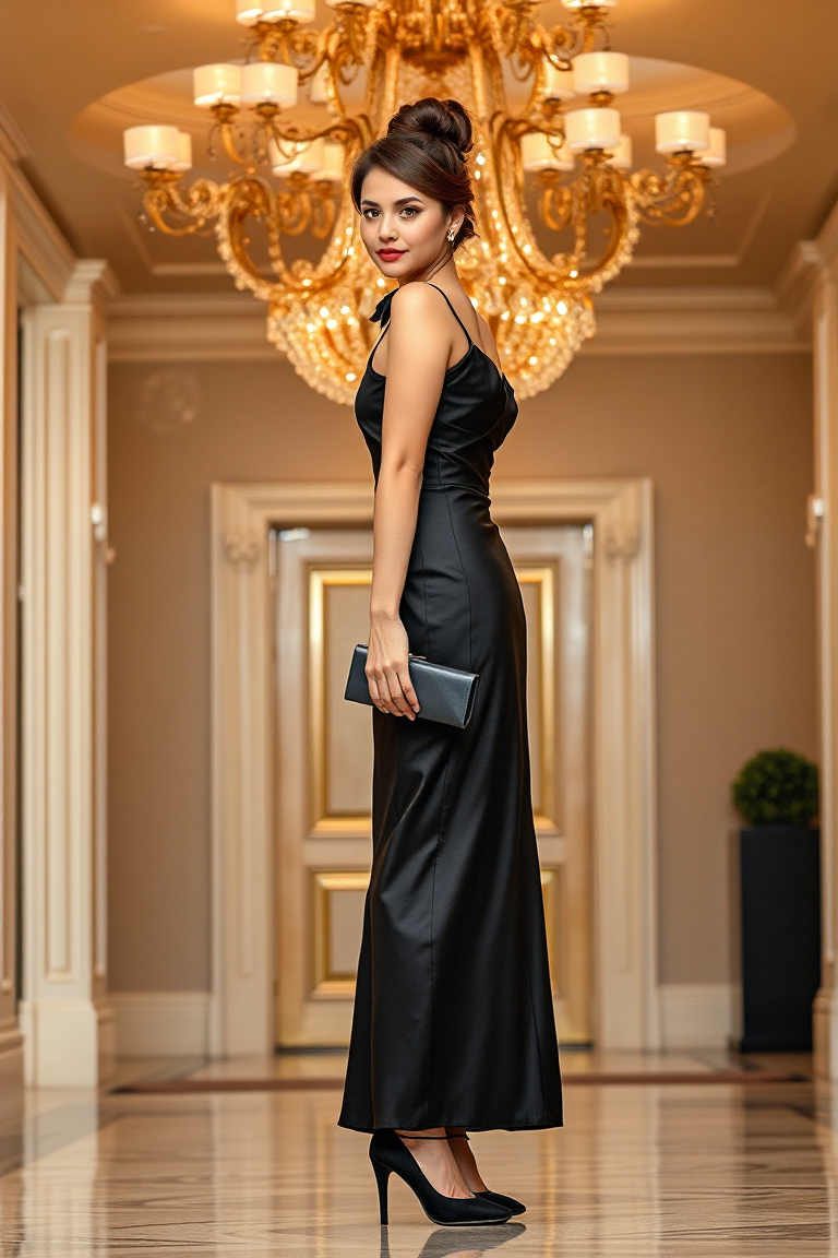 : A woman in a black satin midi dress, standing in the foyer of a grand ballroom, with chandeliers casting a w