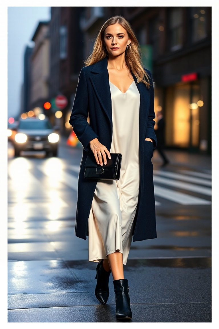 A woman in a midnight blue wool coat over a cream silk slip dress, walking through a city street at dusk, ligh