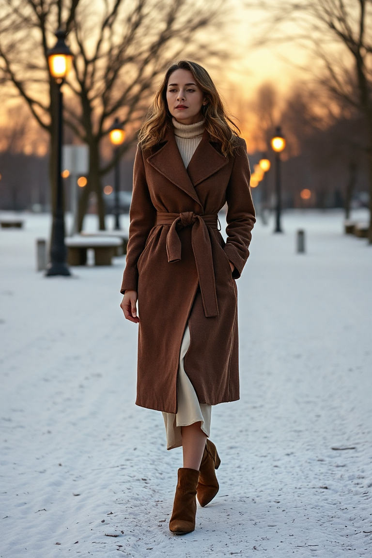 A woman in a chocolate brown cashmere coat, knee-length with a waist belt, walking through a snowy park at twi