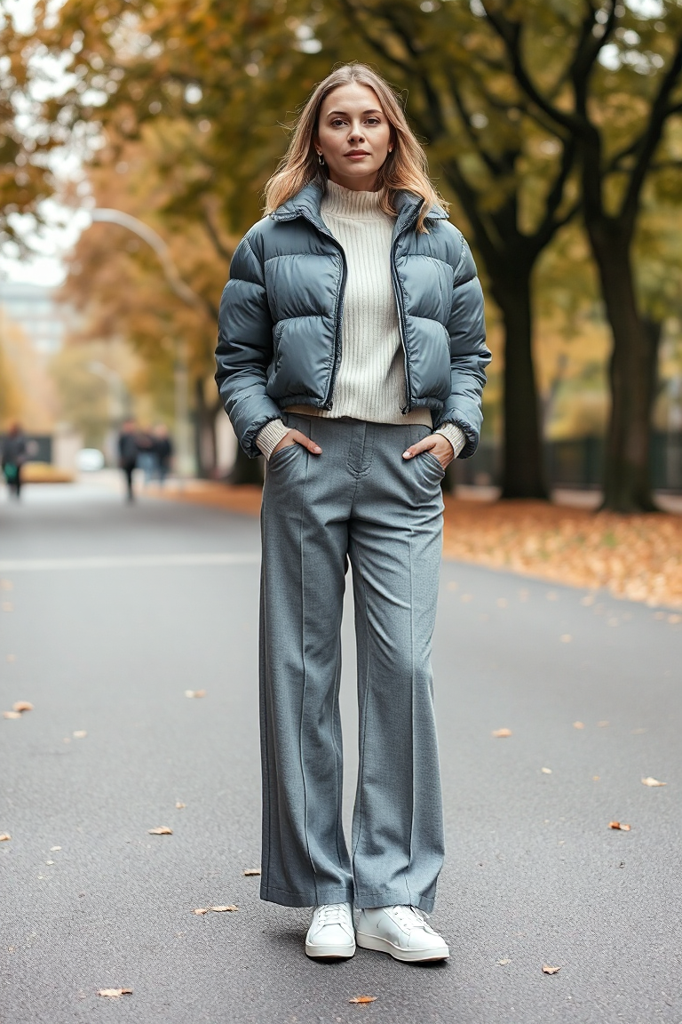 A woman in a cropped grey puffer jacket, longline cream cardigan, wide-leg grey trousers, and white leather sn