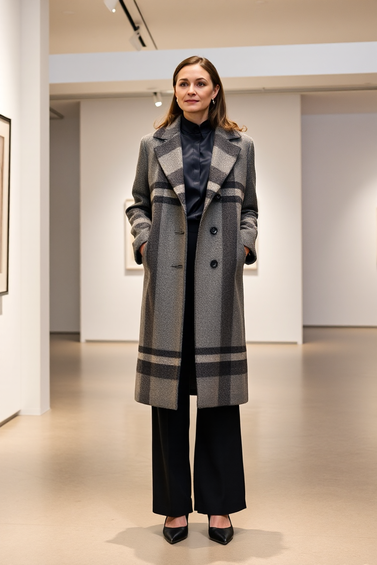 A woman in a charcoal and cream tartan coat, black wide-leg trousers, a navy silk blouse, and pointed-toe blac