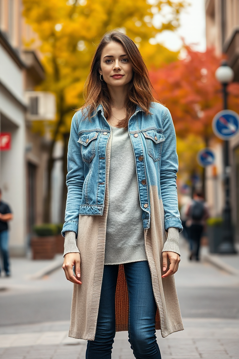 A woman wearing a denim jacket over a long-line cardigan and skinny jeans, standing in an urban street scene w