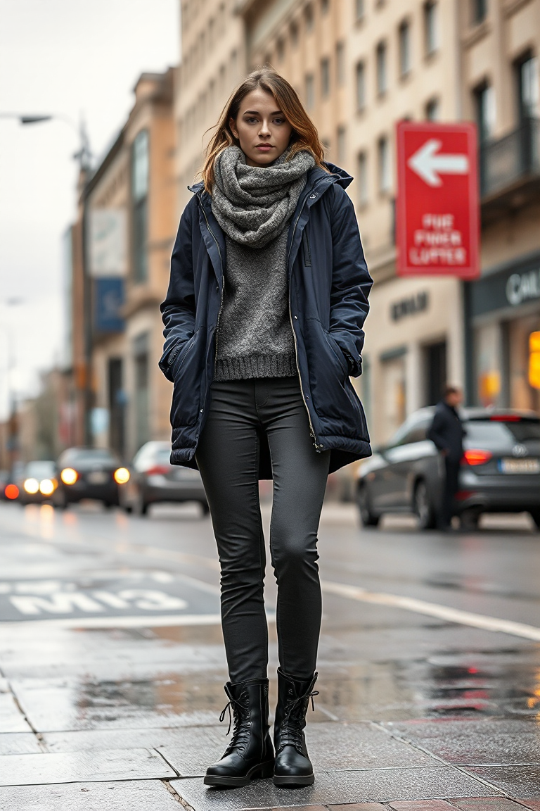 A woman standing on a city street in a layered ensemble, wearing a black thermal base layer, a grey fleece swe