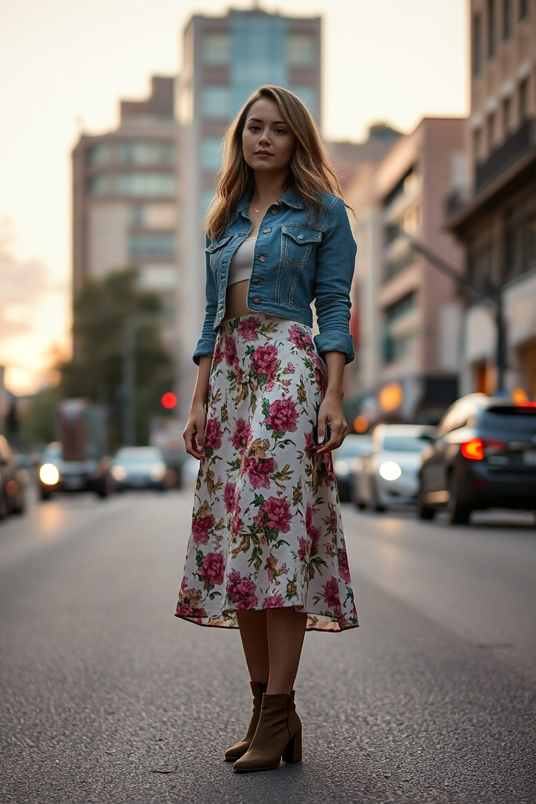 A woman in a cropped denim jacket, floral midi skirt, and ankle boots, standing on a city street at dusk, soft