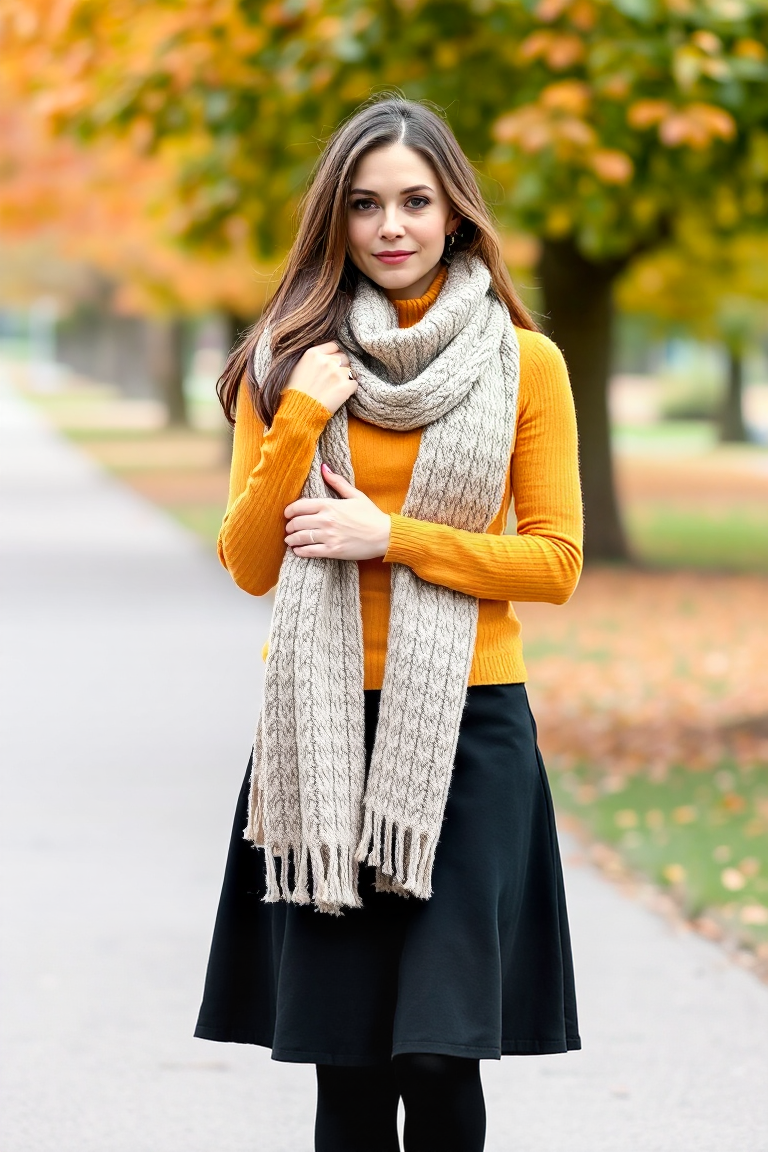 A woman in a mustard yellow turtleneck with a black midi skirt and black tights, wearing a chunky knit scarf d