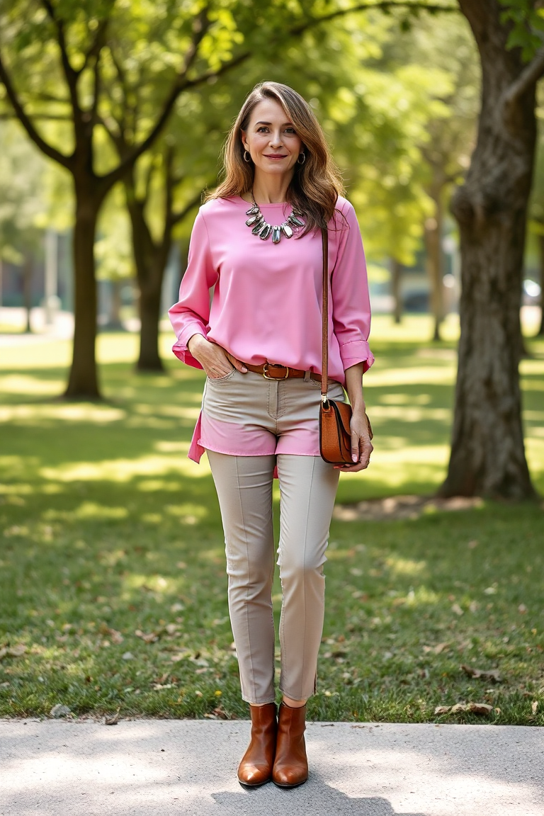 A woman in a pink tunic paired with tailored trousers and a pair of brown ankle boots, standing confidently in