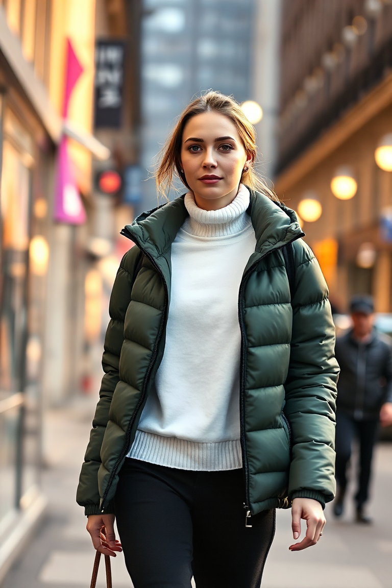 A woman in a green puffer jacket over a white turtleneck and black tailored trousers, walking through a busy c