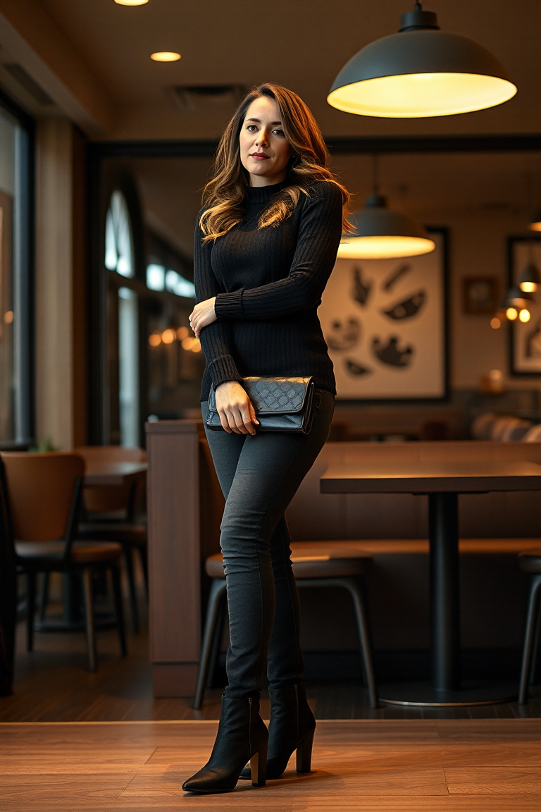A woman elegantly posing in a black sweater and skinny jeans, accessorised with ankle boots and a clutch, in a