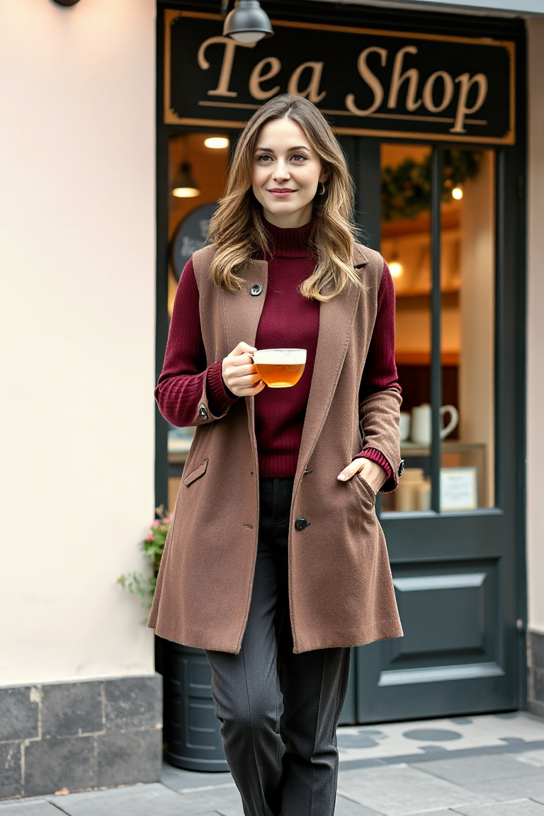 A woman wearing a burgundy sweater, a pair of tailored trousers, and a classic pea coat, standing in front of