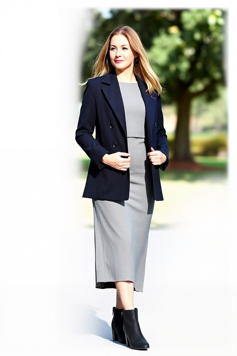 A woman in a navy formal coat, wearing a grey midi dress and a pair of ankle boots, posing in a park with a ge