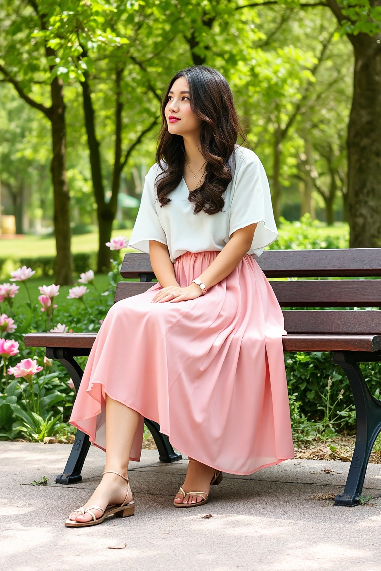A woman sitting on a park bench wearing a flowing chiffon midi skirt in a pastel pink shade with a loose white