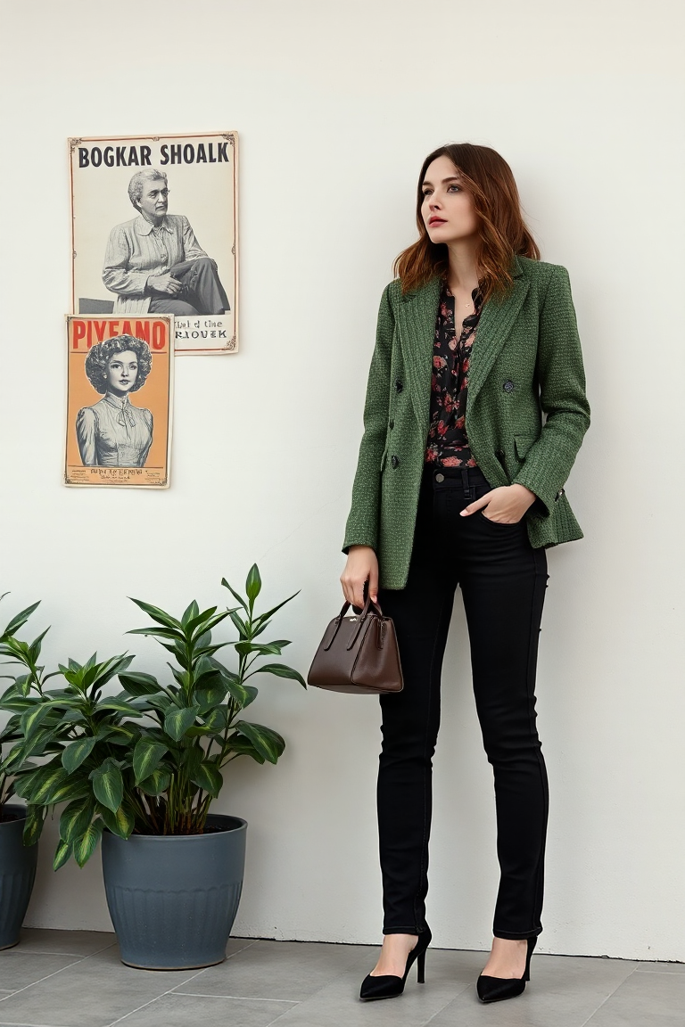 A woman in a green tweed blazer paired with black high-waisted jeans and a floral printed silk blouse, holding