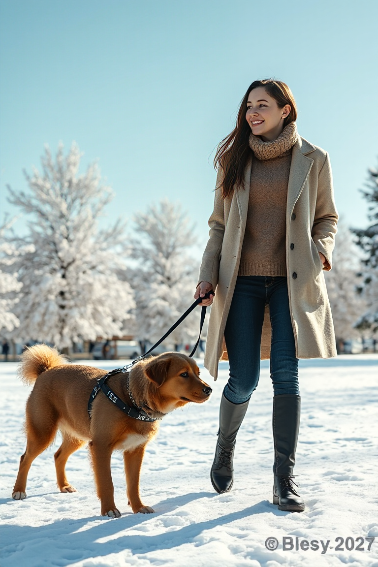 A woman in a beige wool coat and a casual outfit of jeans and a knit top, walking her dog in a winter park wit