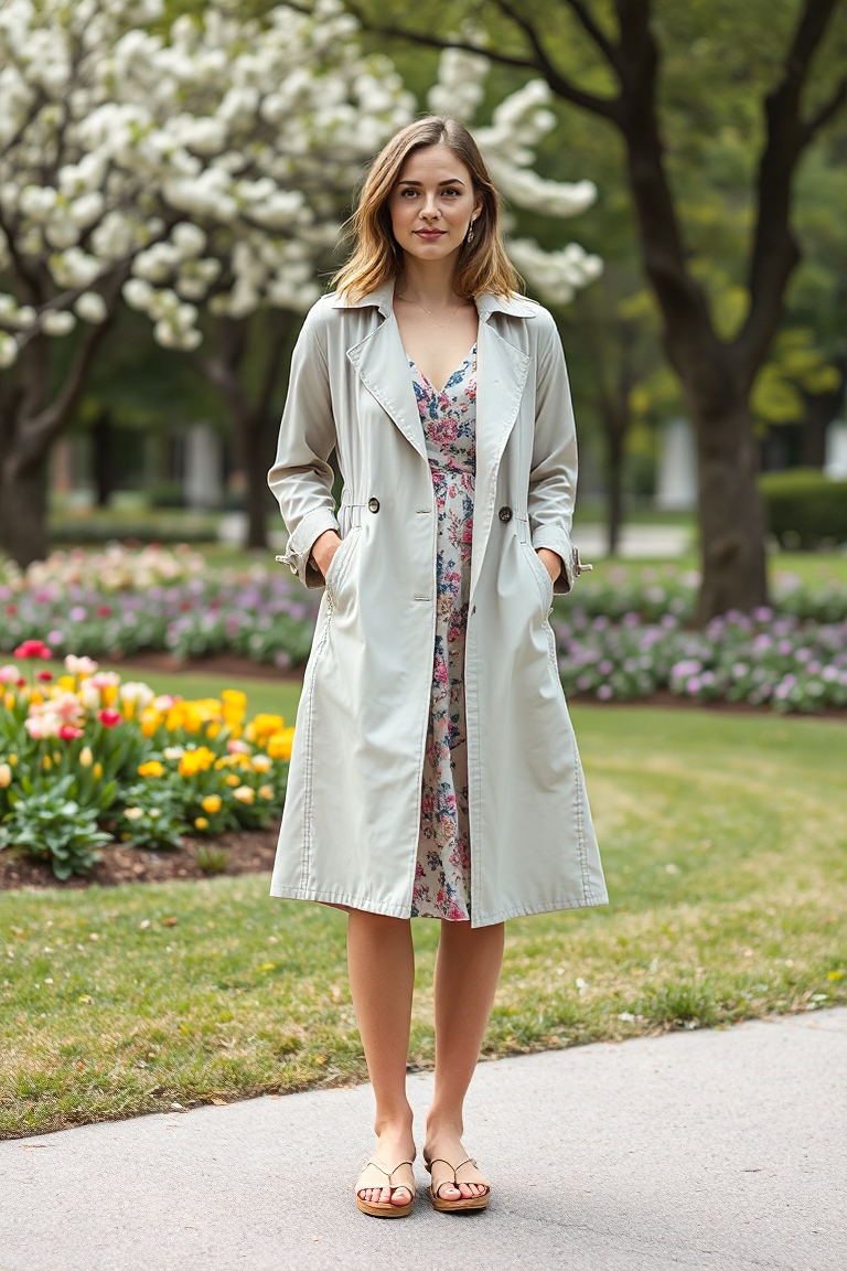 A woman donning a lightweight cotton trench coat over a floral sundress and sandals, posing in a park with a b