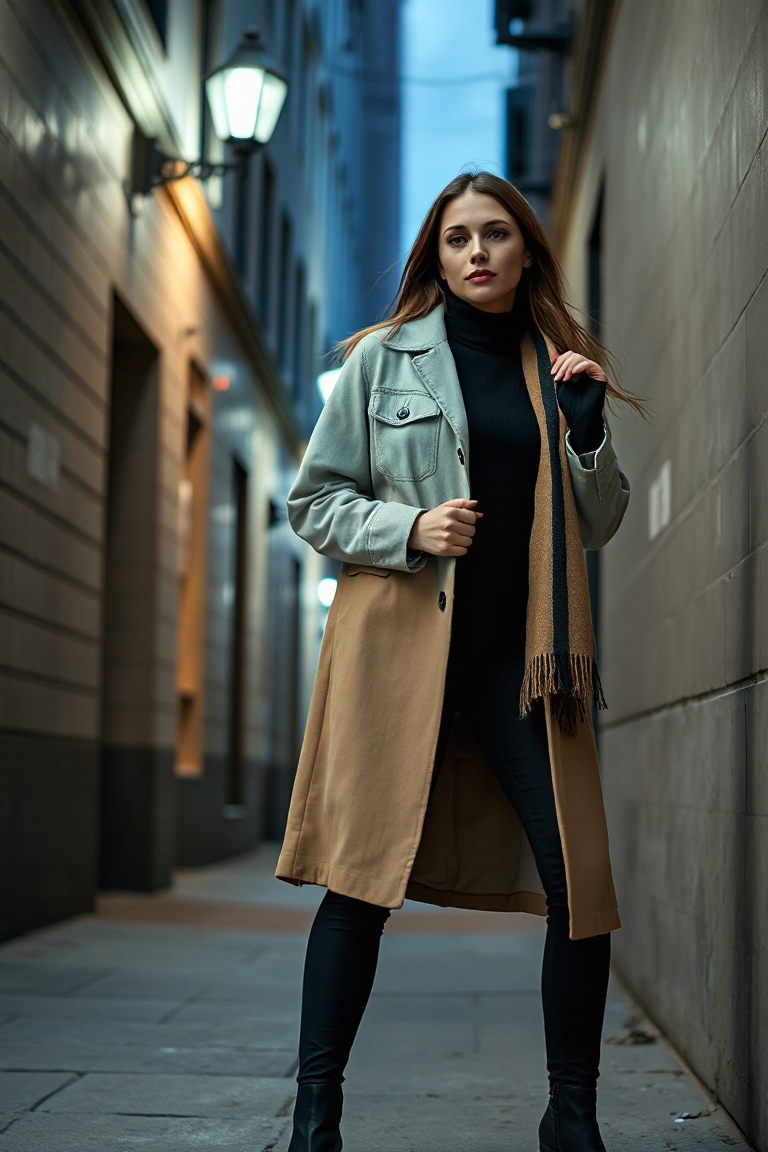 A woman posing in a city alleyway in winter, wearing a light wash denim jacket over a black turtleneck and bla