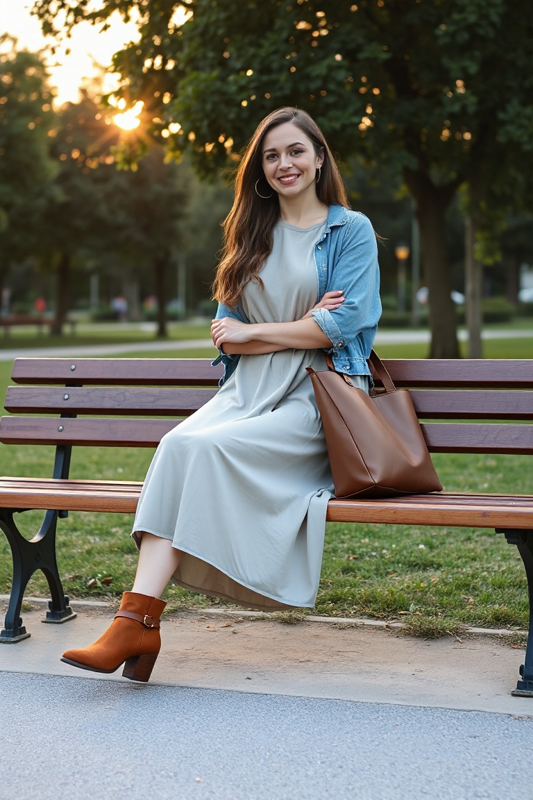 : A woman in a casual cotton midi dress, sitting on a wooden bench in a park, with a denim jacket and ankle bo