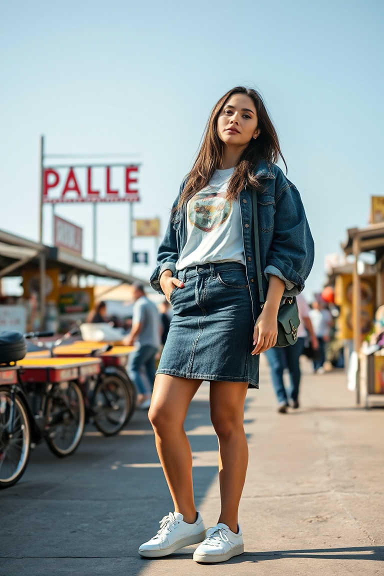 A woman in a denim skirt with a graphic tee and a denim jacket, accessorised with a denim shoulder bag and sne
