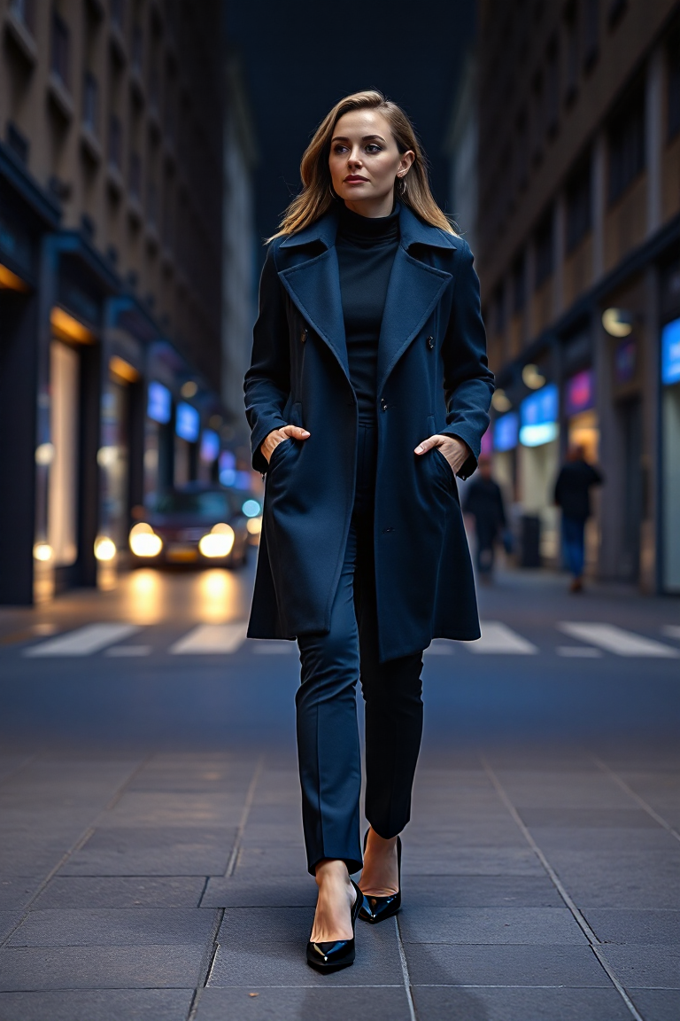 A woman in a navy wool trench coat with a structured collar, layered over a black turtleneck and tailored trou