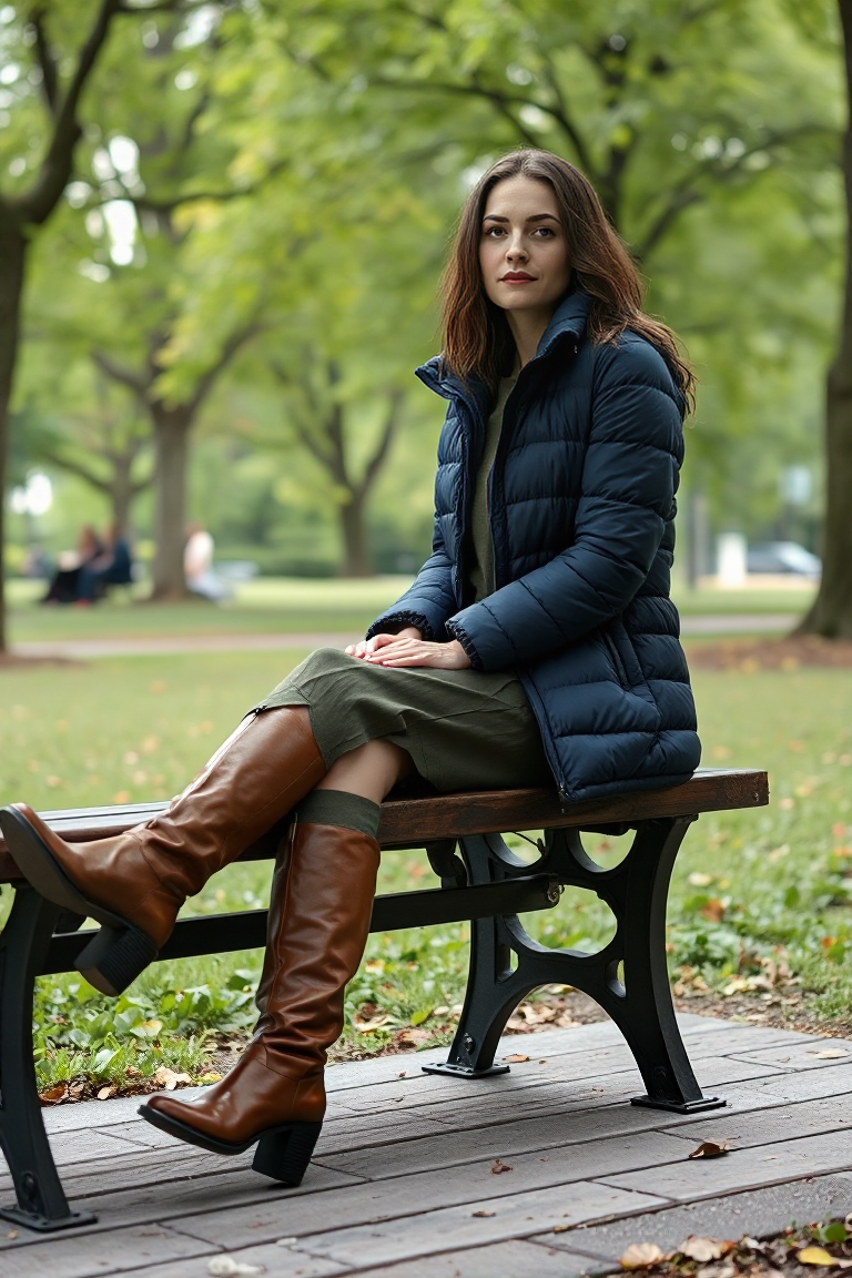 A woman in a navy puffer jacket, olive green dress, and knee-high brown leather boots, sitting on a wooden ben