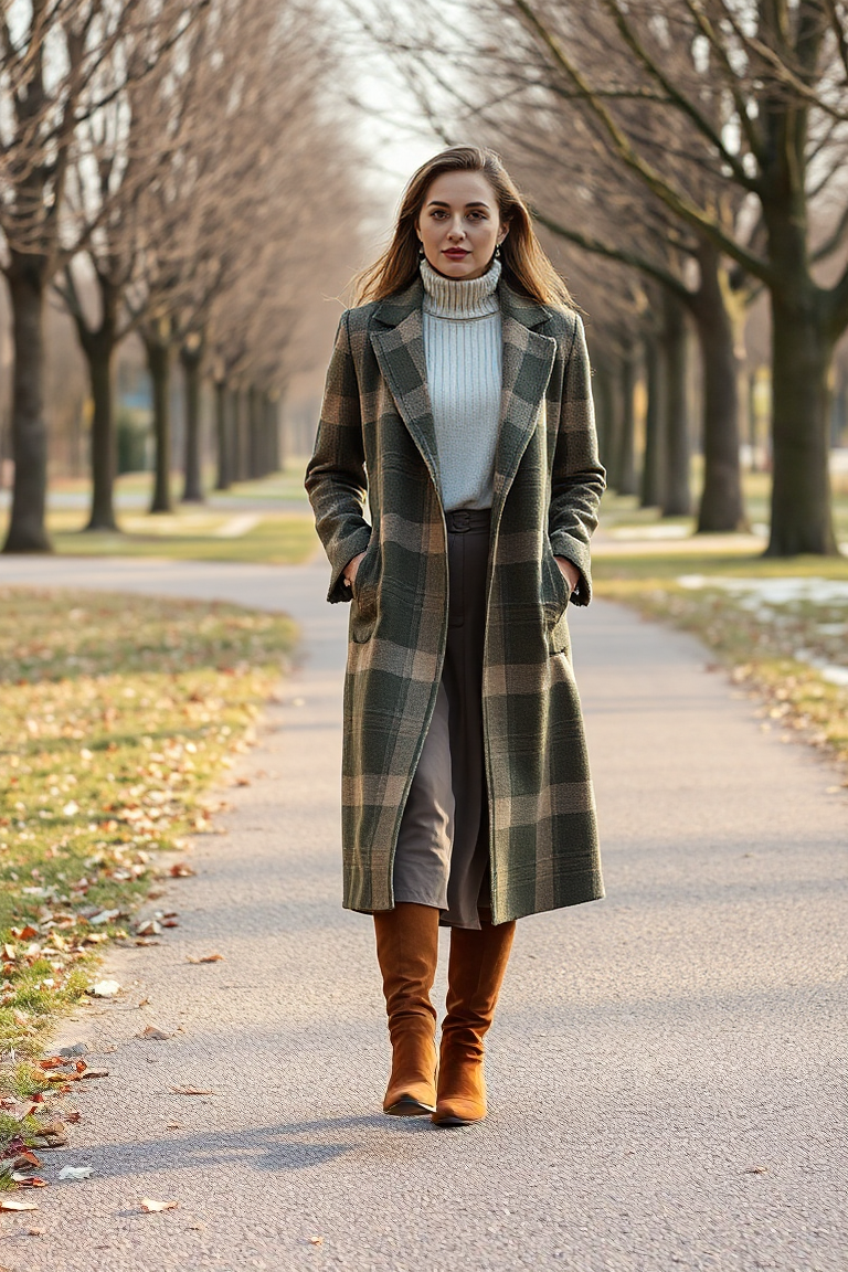 A woman in a long olive and beige tartan coat, cream merino wool sweater, taupe midi skirt, and brown suede kn