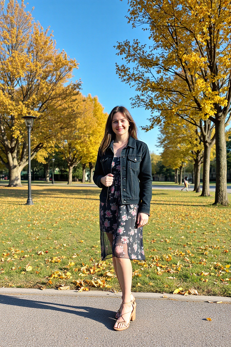 A woman in a black denim jacket over a floral sundress and strappy sandals, standing in a park with golden aut