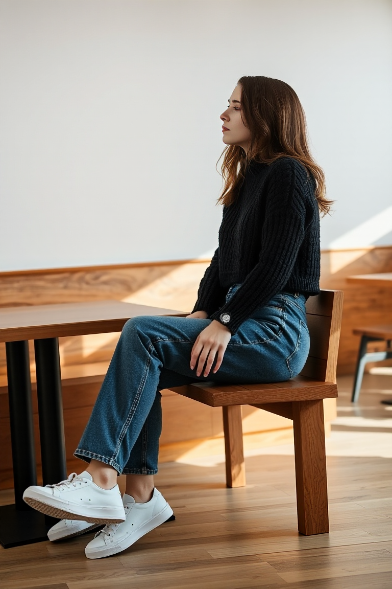 A woman in a medium-wash mom jeans and a cropped black knit sweater, paired with white sneakers, sitting on a 