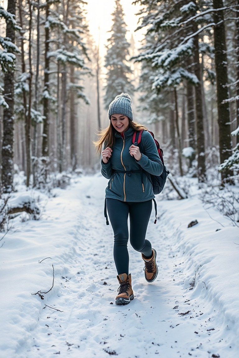 A woman hiking on a winter trail, wearing a moisture-wicking base layer, a fleece mid-layer, and a waterproof