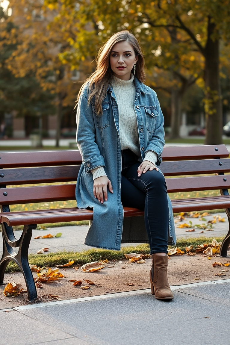 A woman in a slightly oversized denim jacket layered over a longline cardigan, dark jeans, and ankle boots, si