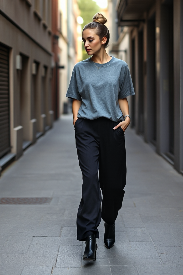 A woman in an oversized grey cotton t-shirt, layered under a sheer navy silk blouse, paired with black wide-le