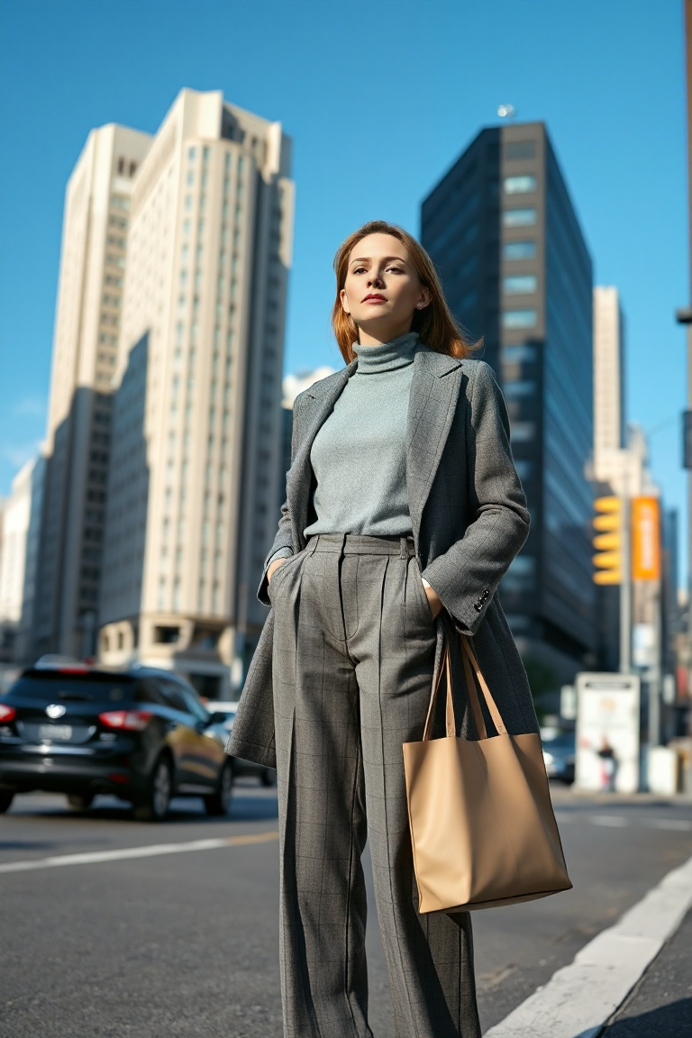 A woman in a grey turtleneck paired with a grey wool coat and wide-leg trousers, carrying a tote bag, standing