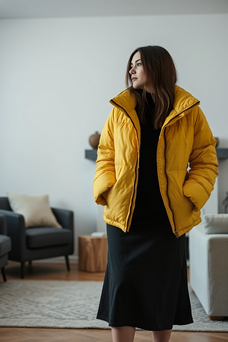 A woman in a yellow puffer jacket and a black midi skirt, standing in a cozy living room with a fireplace in t