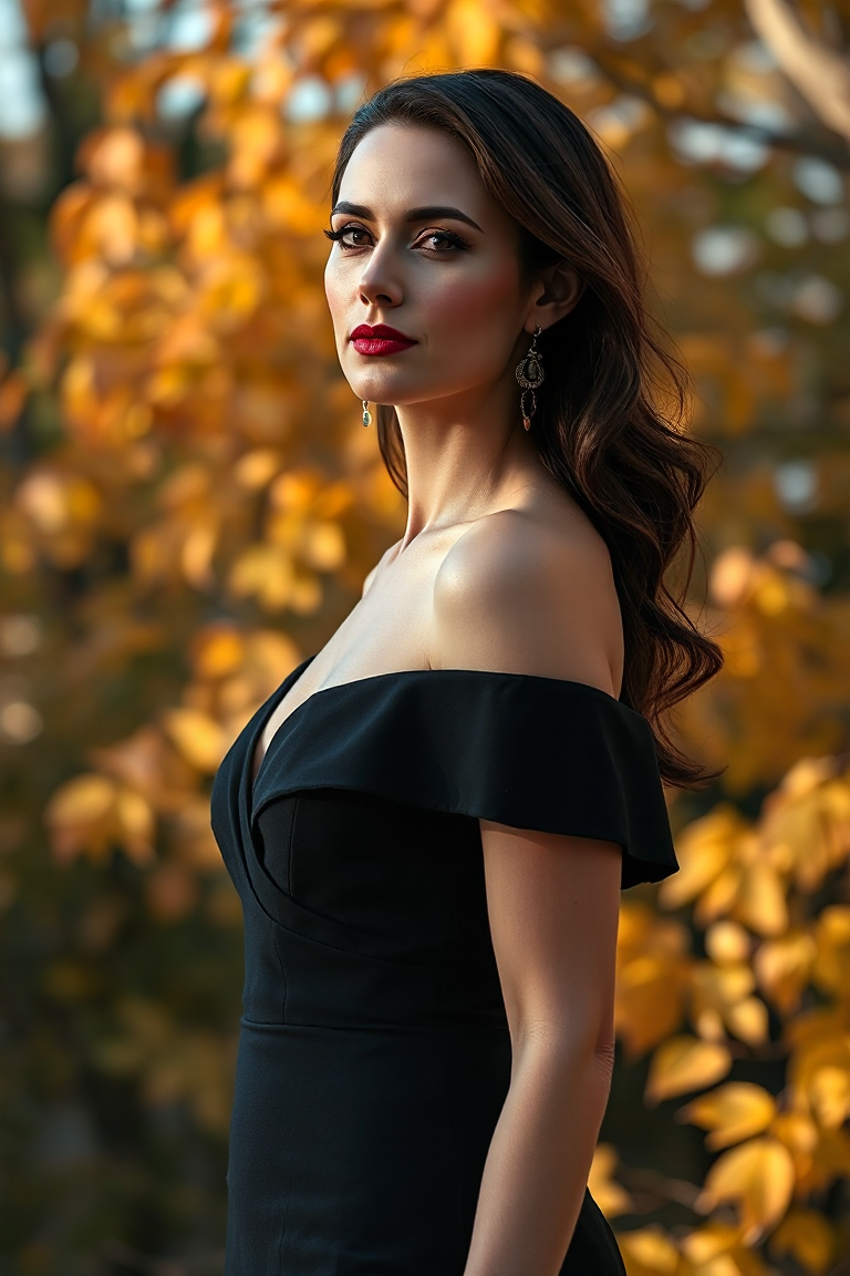 A woman in a black cocktail dress and statement earrings, standing elegantly against a backdrop of autumn foli