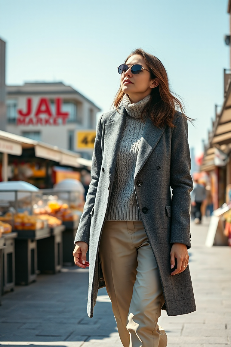 A woman in a grey formal coat, layered over a chunky knit sweater and paired with beige tailored trousers, wal