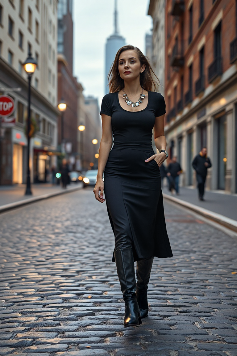 A woman walking down a cobblestone street in a black high-waisted midi skirt and a fitted black top, paired wi