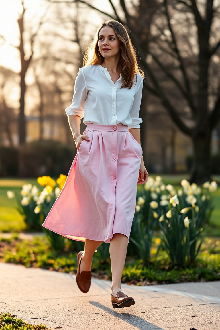 A woman in a pastel pink linen midi skirt, white tucked-in blouse, and tan leather loafers, walking through a