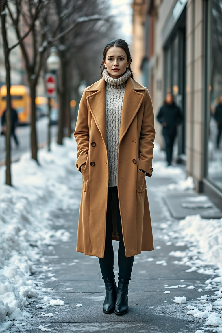 A woman in a long-line camel coat layered over a chunky knit sweater and a high-neck turtleneck, standing on a