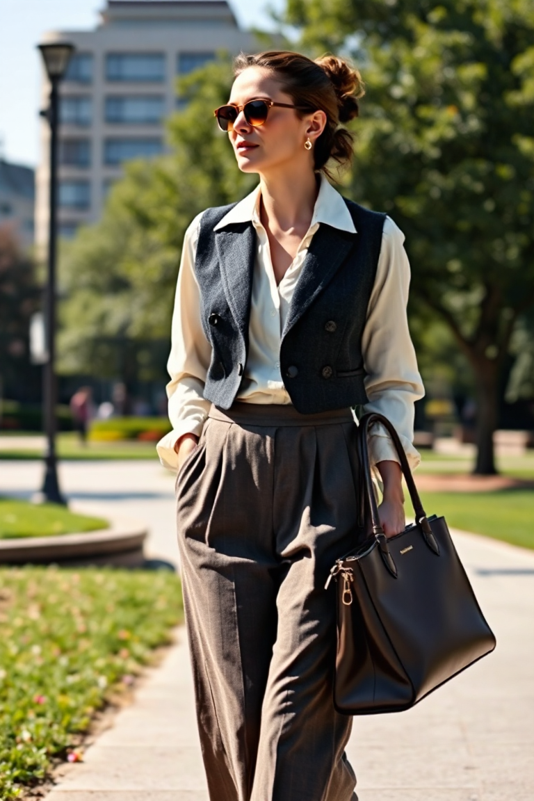A woman in a fitted charcoal waistcoat over a cream silk blouse, paired with high-waisted wide-leg trousers, w