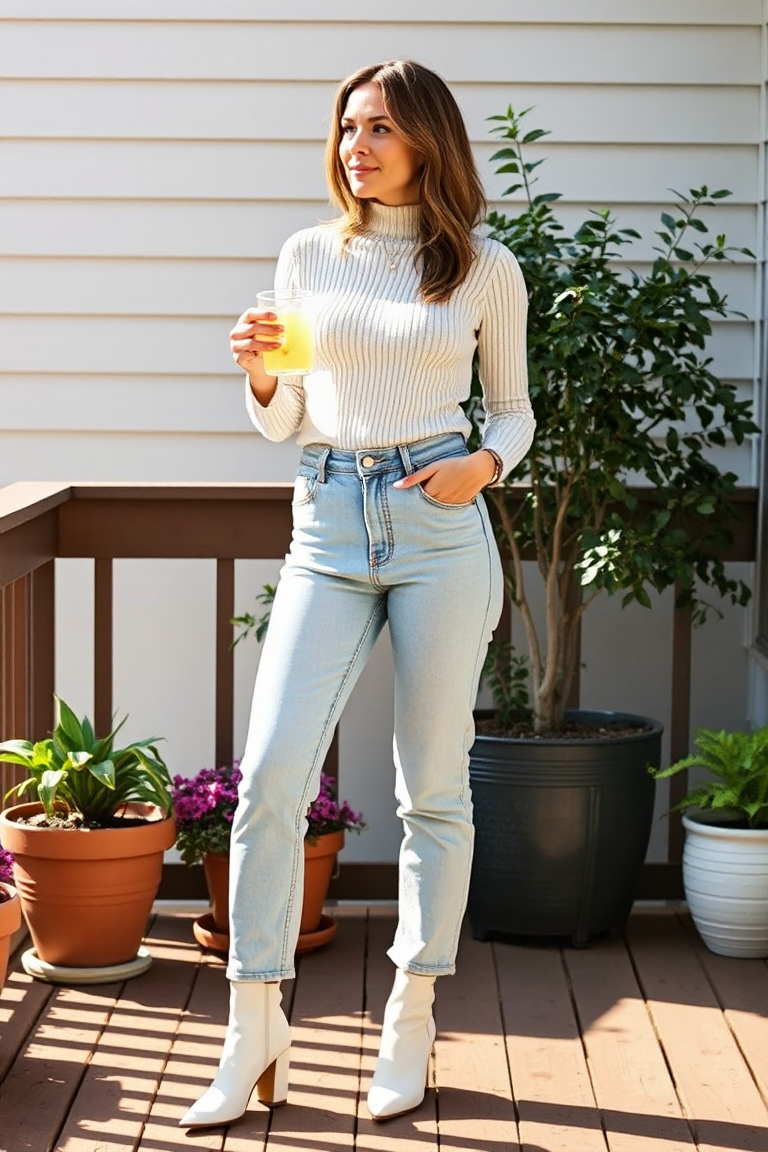 A woman in a high-waisted light-wash mom jeans, a fitted cream ribbed sweater, and white ankle boots, standing