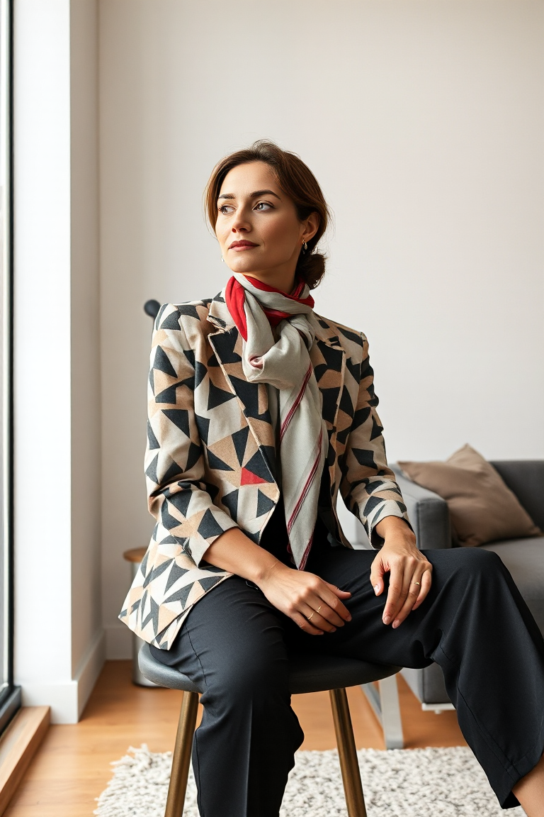 A woman seated in a modern loft apartment wearing a tailored blazer with a bold geometric print paired with st