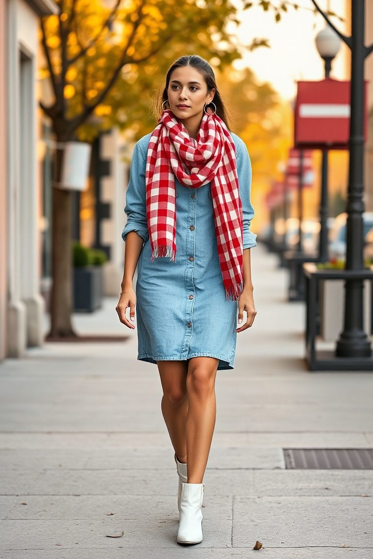 A woman in a light-blue denim dress paired with a bold red-and-white gingham scarf, wearing gold hoop earrings