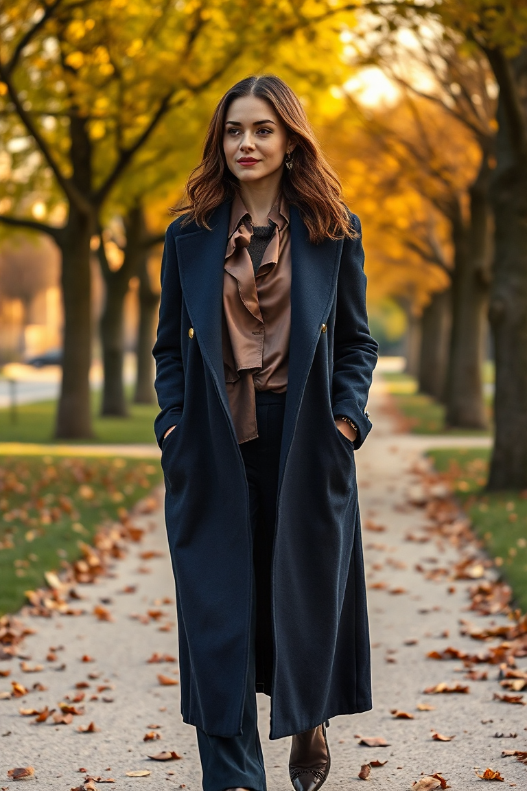 A woman in a navy long-line coat layered over a silk blouse and a fitted sweater, walking through a park with