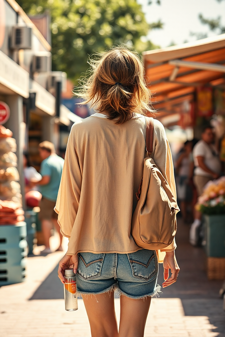 A woman in a lightweight beige cover-up and denim shorts, carrying a travel backpack and a reusable water bott