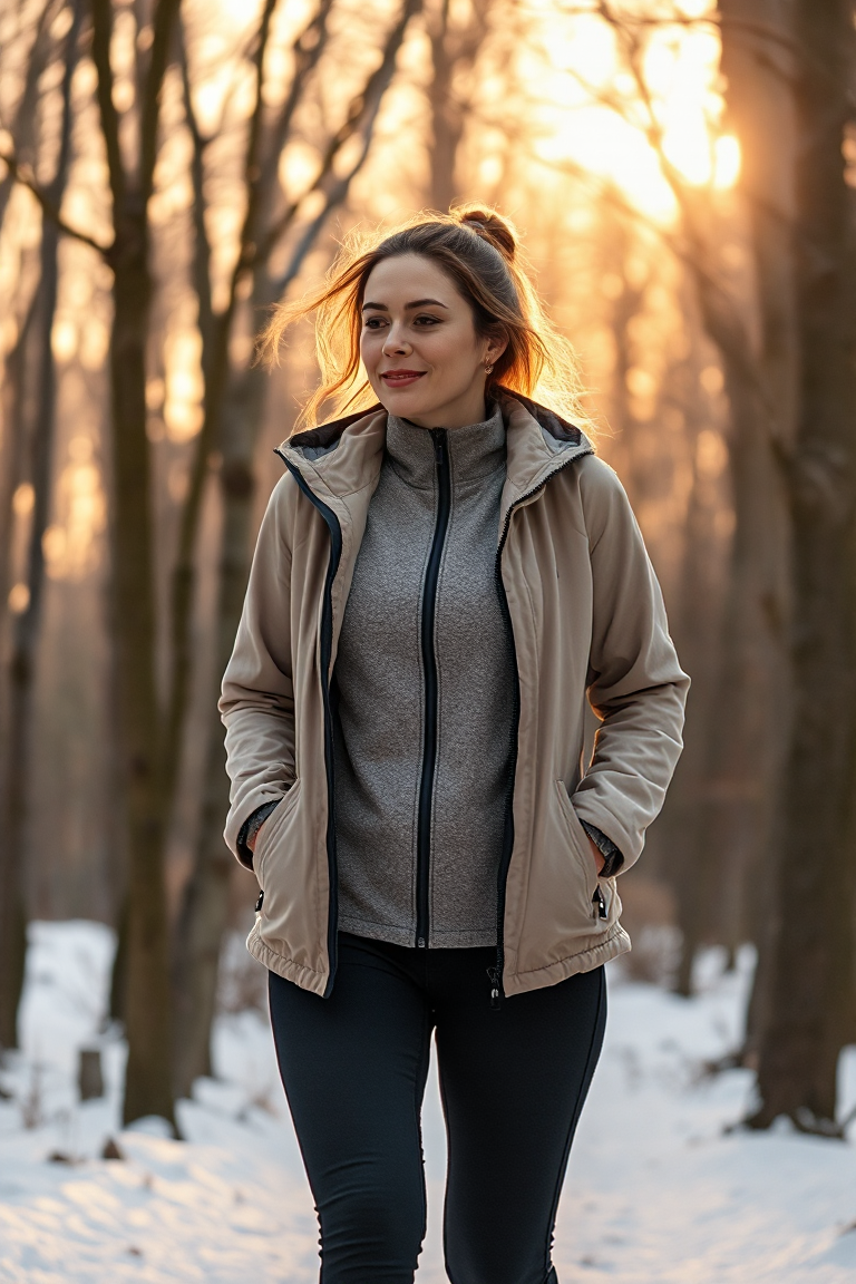 A woman in a moisture-wicking base layer, a lightweight fleece jacket, and a waterproof shell walks through a