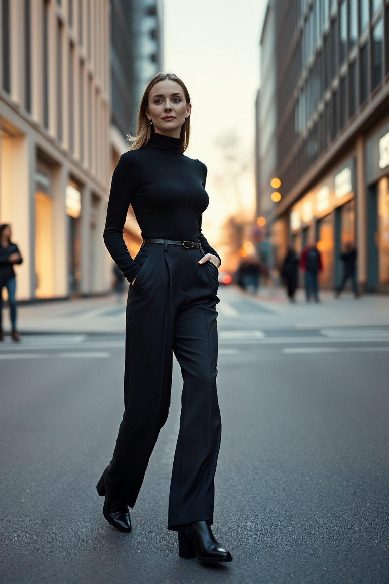 A woman in a black turtleneck and wide-leg trousers, wearing sleek black ankle boots, walking through a modern
