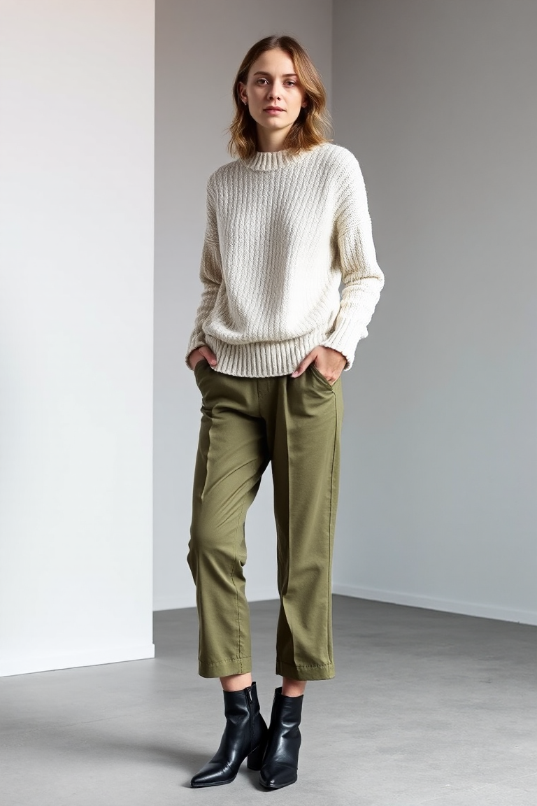 A woman in a relaxed-fitting cropped trouser in olive green, layered over a chunky cream knit sweater, paired 